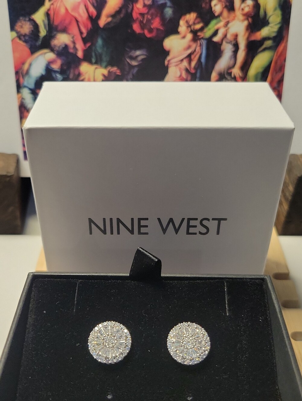 Nine West Nib Silver Rhodium Sparkling Halo Round Stud Earrings.